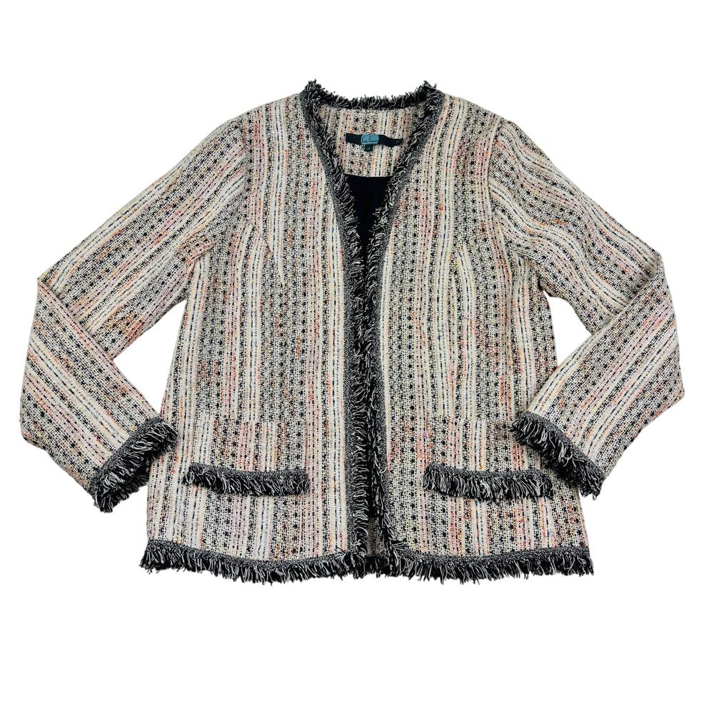 Eva Franco Multicolor Tweed Fringe Preppy Classic Open Front Blazer Women's M